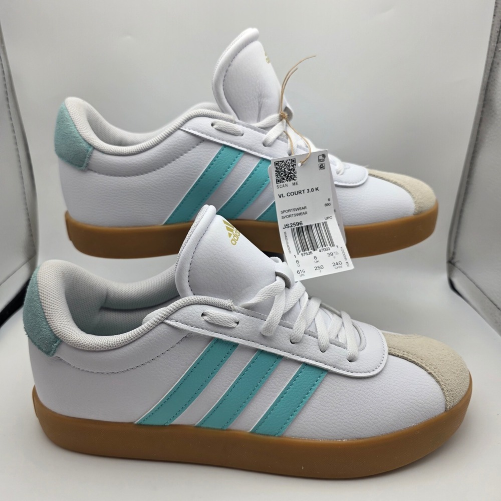 Adidas VL Court 3.0 K Kids Sneakers White Teal Gum JS2596 Size 6.5 NEW
